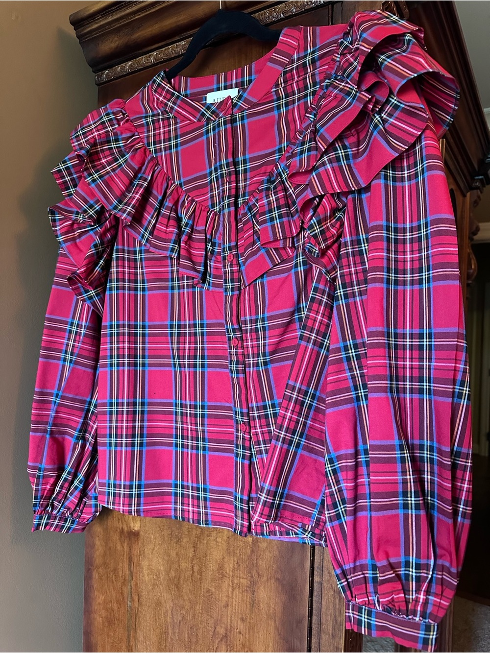 Aura Red Tartan Ruffle-Trim Button-Down Shirt